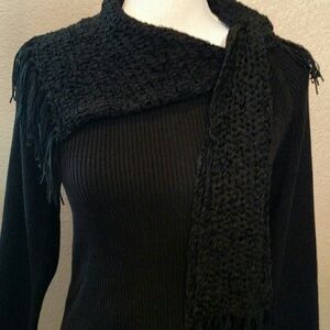 POPulation Black Ribbed Knit Sweater with Attached Fringed Scarf Collar Size L